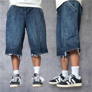 Vintage Y2K Navy Blue Baggy Denim‎ Jorts 36W Grunge Skate Streetwear